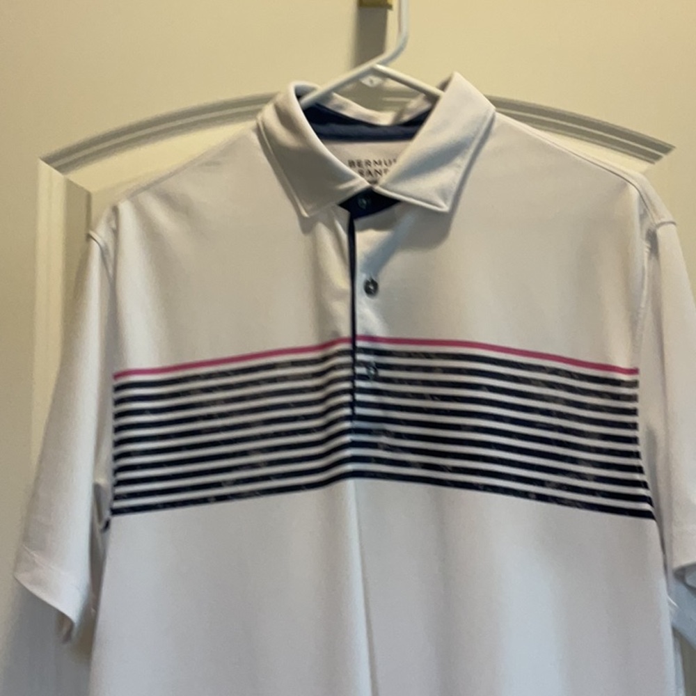Men's White and Blue Striped Polo Shirt